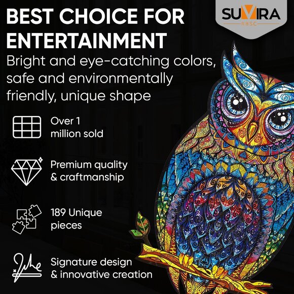 Suvira Animal Wooden Puzzle - Engaging, Educational, and Eco-Friendly (Owl) - Picture 4 of 12